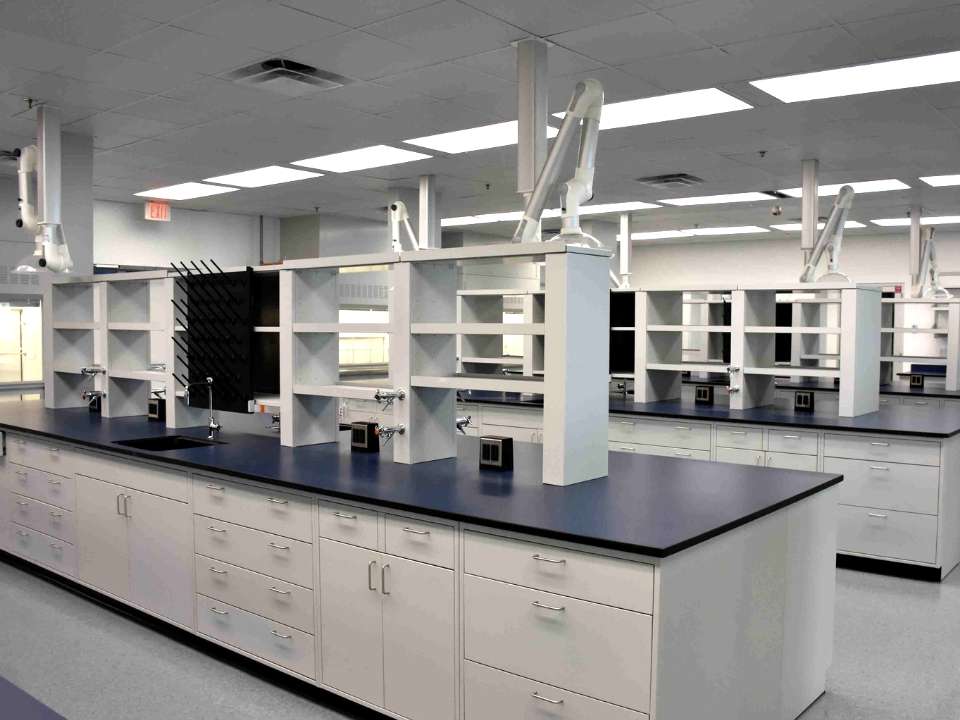 fixed lab island with reagent shelving