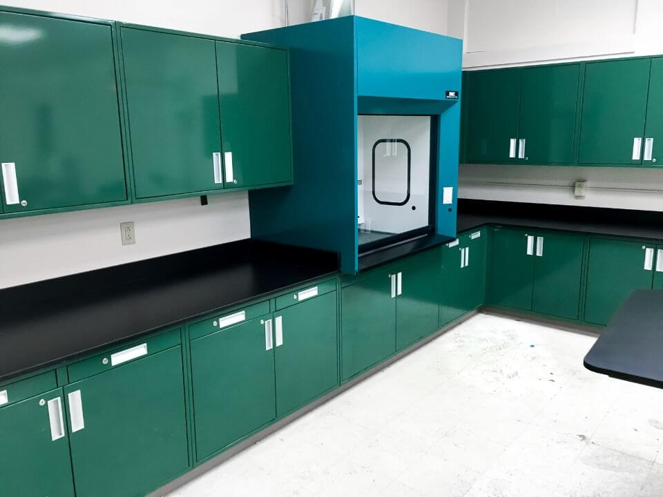 army green metal lab cabinets with fume hood