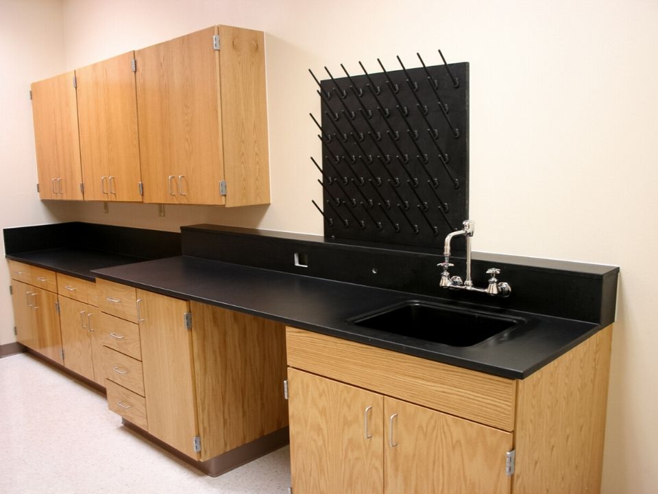 wood laboratory casework with epoxy resin drying rack