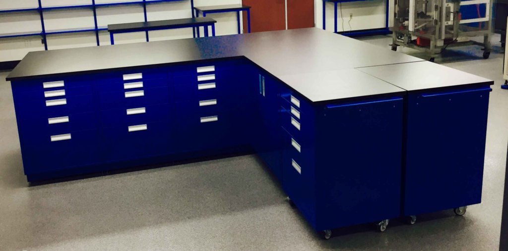 blue metal lab cabinets