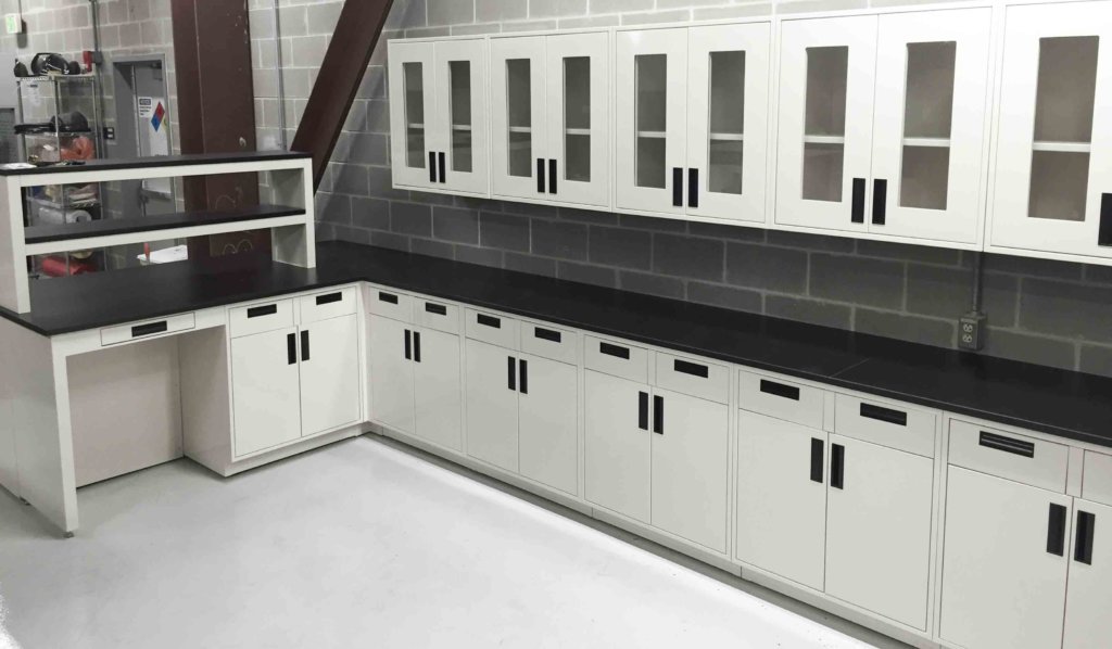 white metal lab cabinets