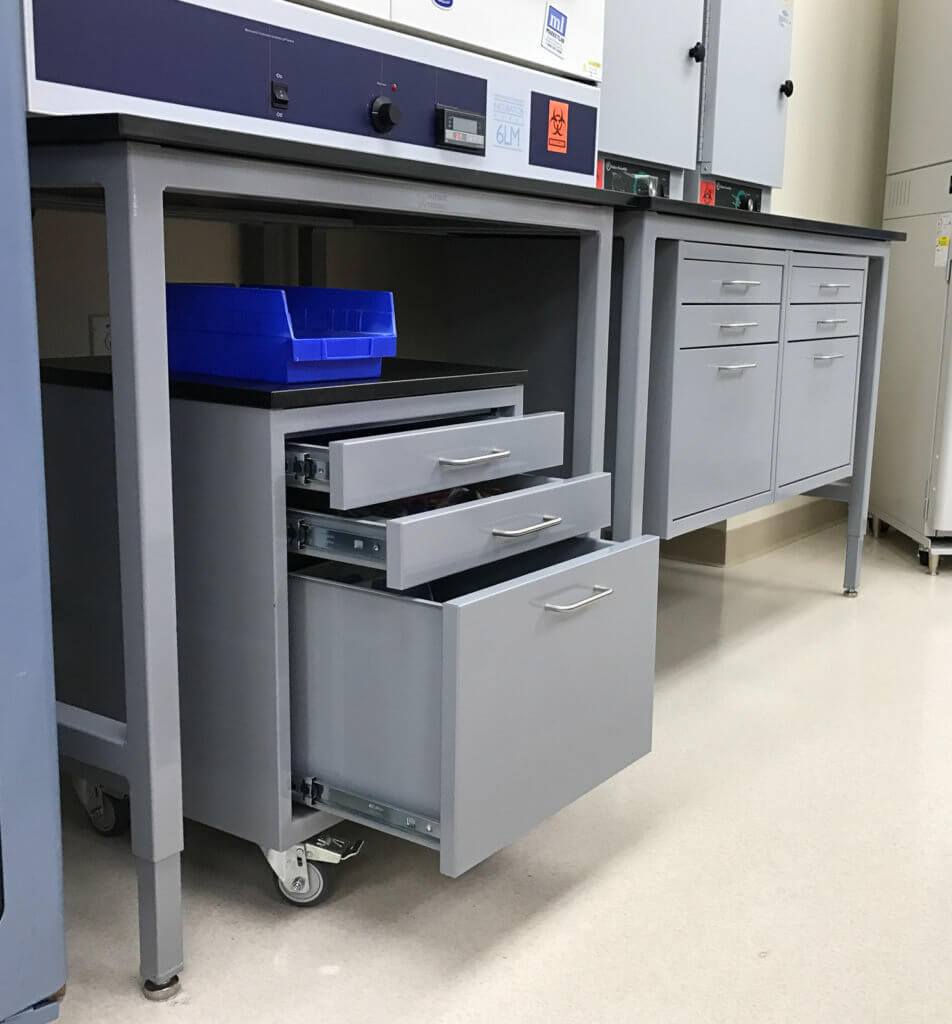 lab table with mobile cabinets
