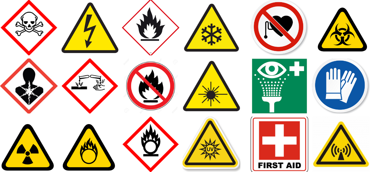  Various symbols used in laboratories to communicate safety information, including biohazard, chemical, electrical, and fire hazards.
