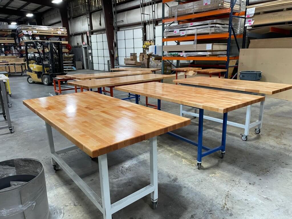 industrial worktable with maple block countertop