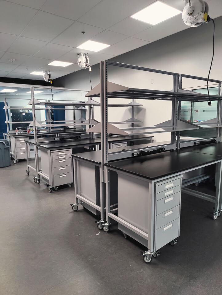 custom mobile laboratory tables with mobile cabinets with modular shelving