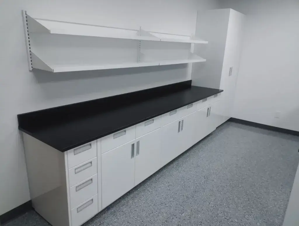White lab casework with wall shelving.