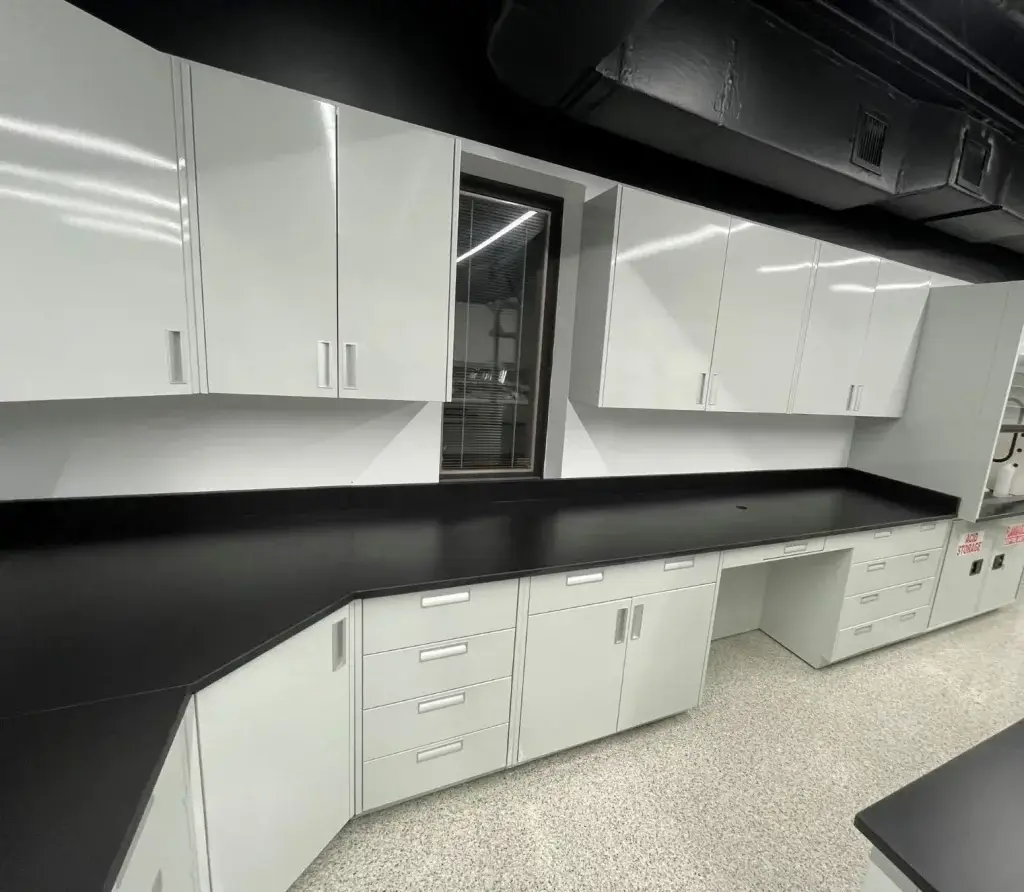 Black Epoxy Resin Lab Countertops with Metal Lab Cabinets | OnePointe Solutions