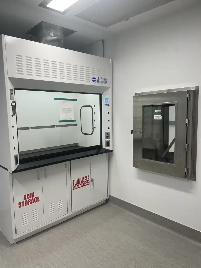 Laboratory fume hood with stainless-steel pass-through window.