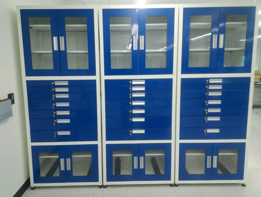 Two toned blue and white tall powder coated metal cabinets.