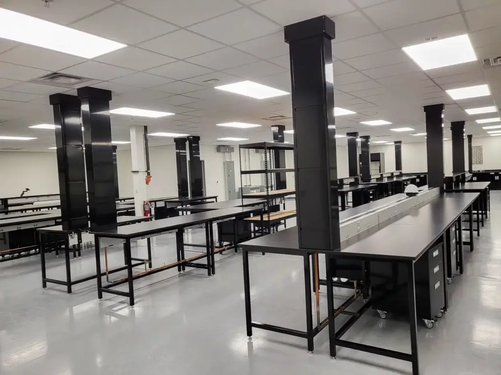 Laboratory Furniture for Oil Analysis and Equpment Reliability Services | Black Powder-Coated Metal Laboratory Islands | OnePointe Solutions