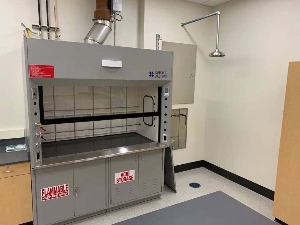 Laboratory Fume Hood with Acid and Flammable Cabinets for University Science Class | OnePointe Solutions