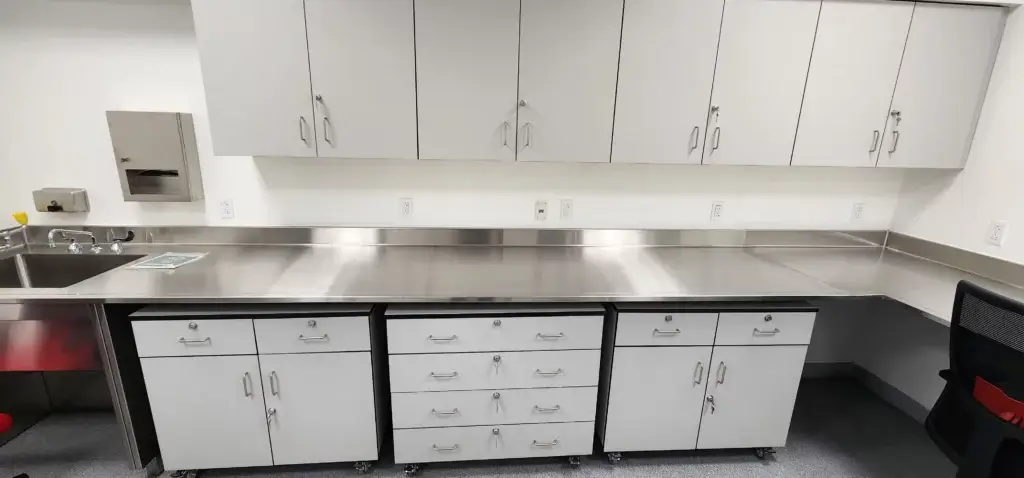 Stainless steel countertop with gray Phenolic Cabinets