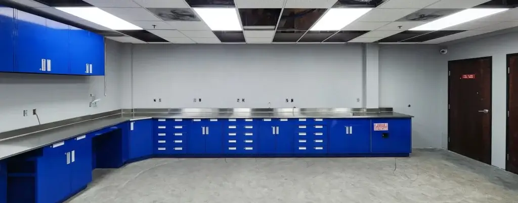 Blue Lab Cabinets and Stainless Steel Tops