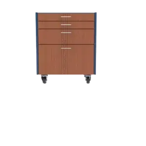 Digital render of a modular cabinet with faux wood front and metal frame.