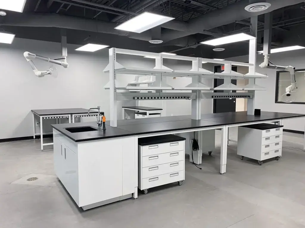 Laboratory Island with Flexible Lab Systems, Mobile cabinets, and fixed sink cabinet.
