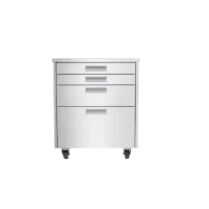 A digital render of a stainless steel mobile cabinet with 4 drawers.