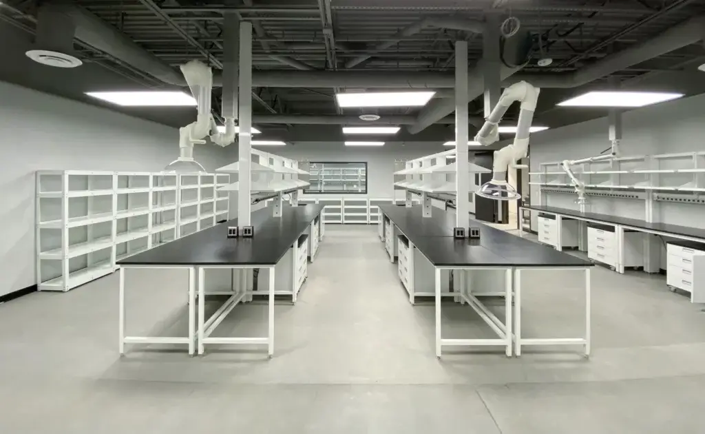 White Lab Tables with Shelves and Snorkels