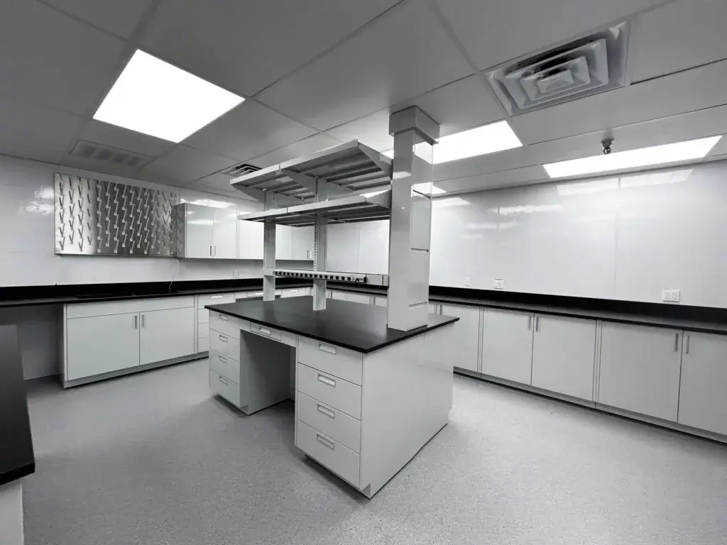 Fixed Lab Island with Services and shelving.