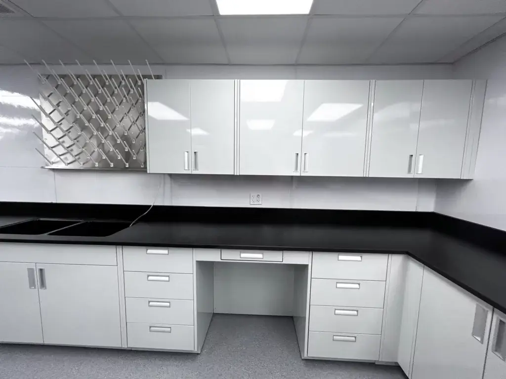 Grey powder-coated laboratory base and wall cabinets with epoxy resin top.