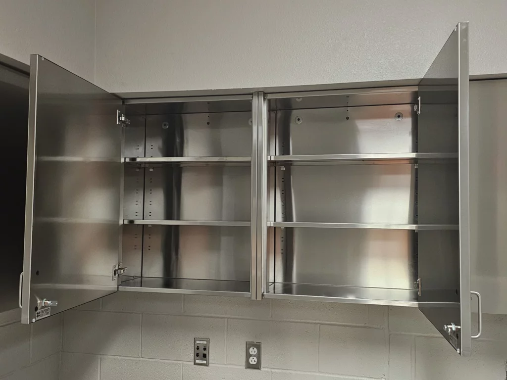 Stainless Steel Wall Lab Cabinets with Doors Open | OnePointe Solutions