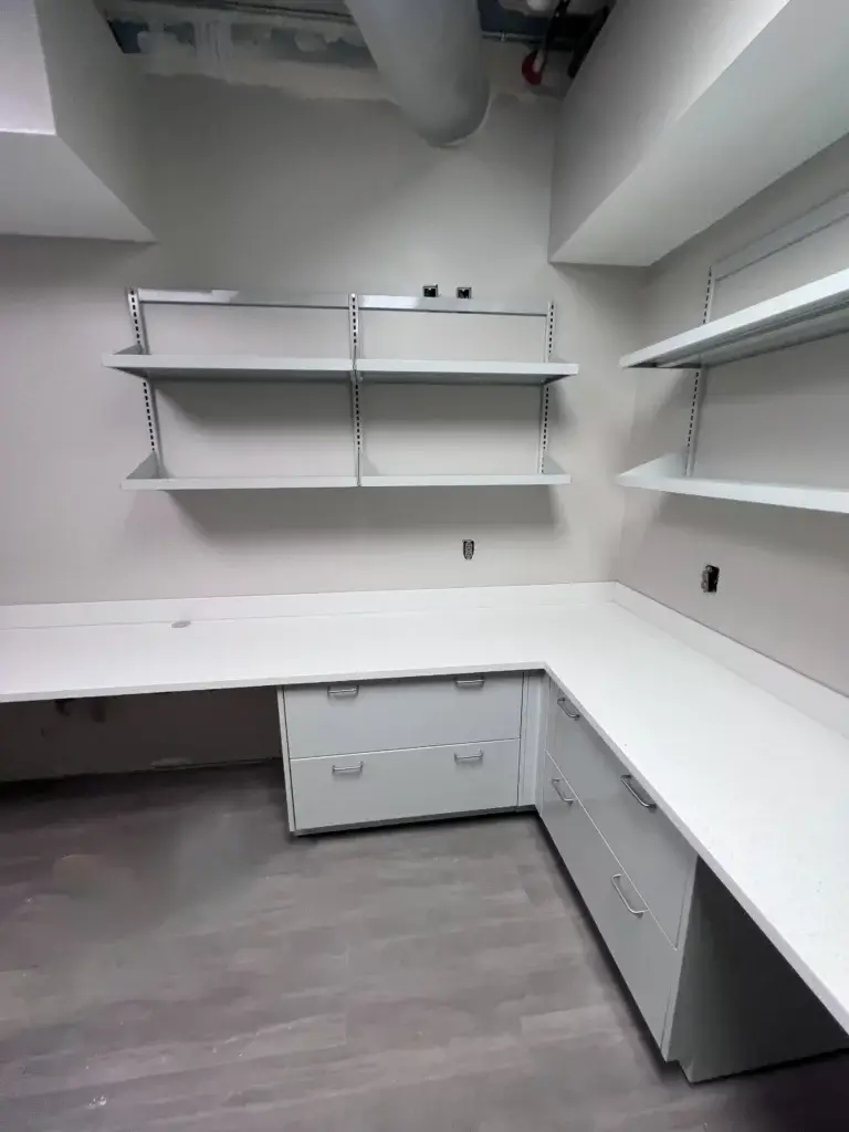 L-Shaped Lab Furniture with Solid Surface Countertops | OnePointe Solutions