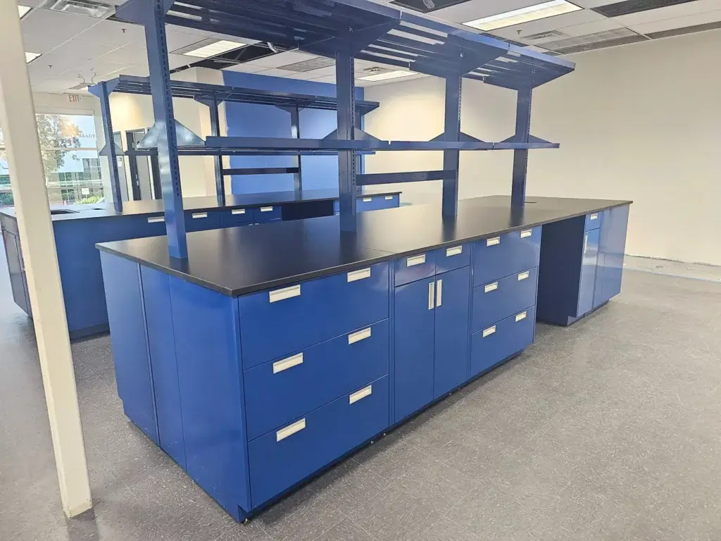 Blue Laboratory Island with adjustable shelving and drawers