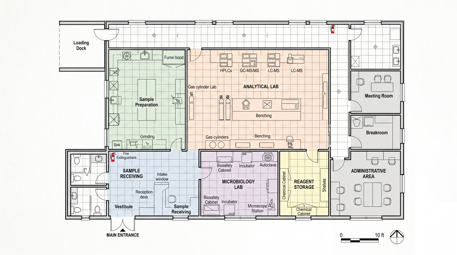 Floor plan for how to start a cannabis testing laboratory - zoned layout with sample receiving, preparation, analytical, microbiology, and storage areas