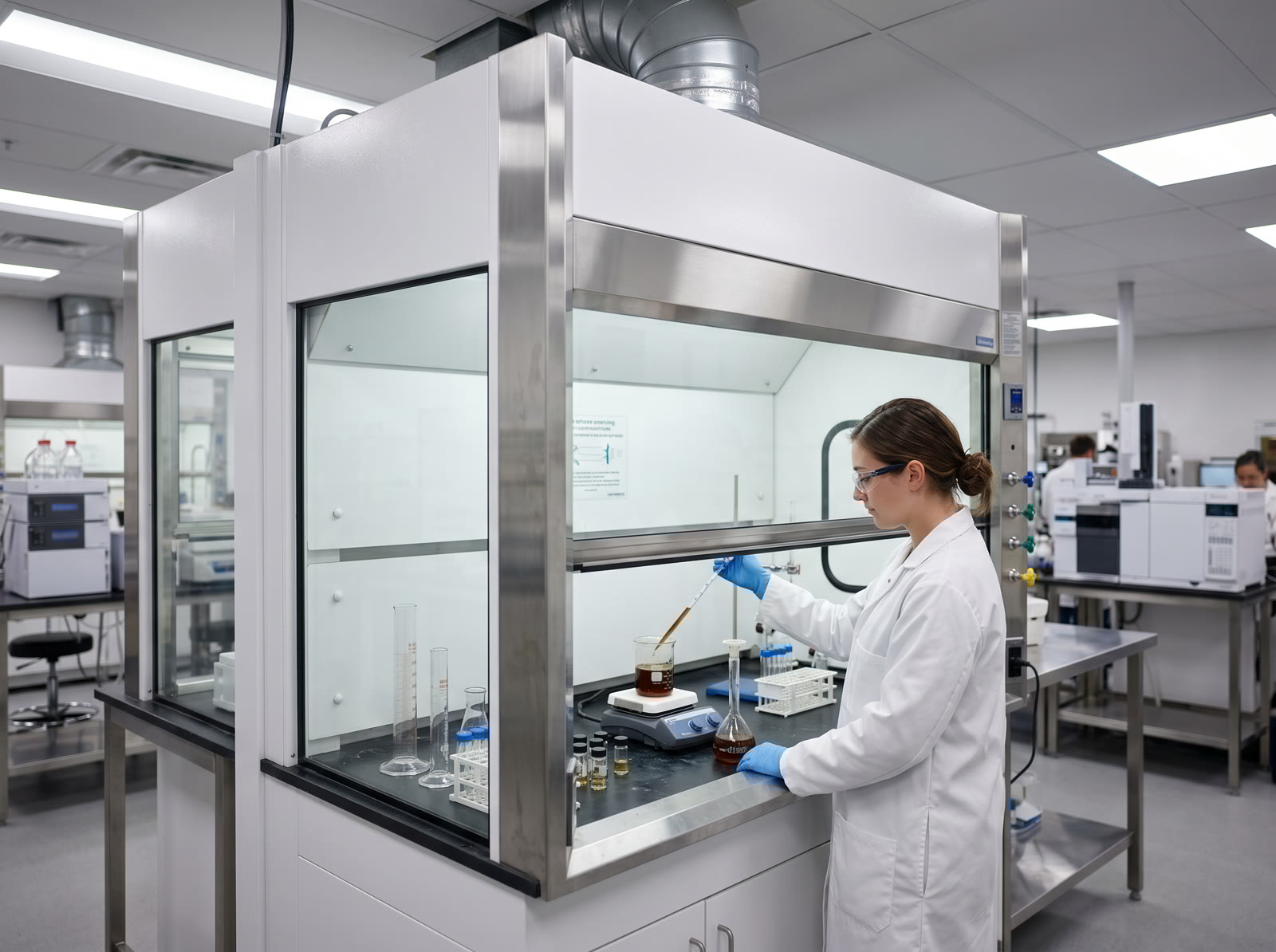 Ducted fume hood in a cannabis testing laboratory used for residual solvent sample preparation