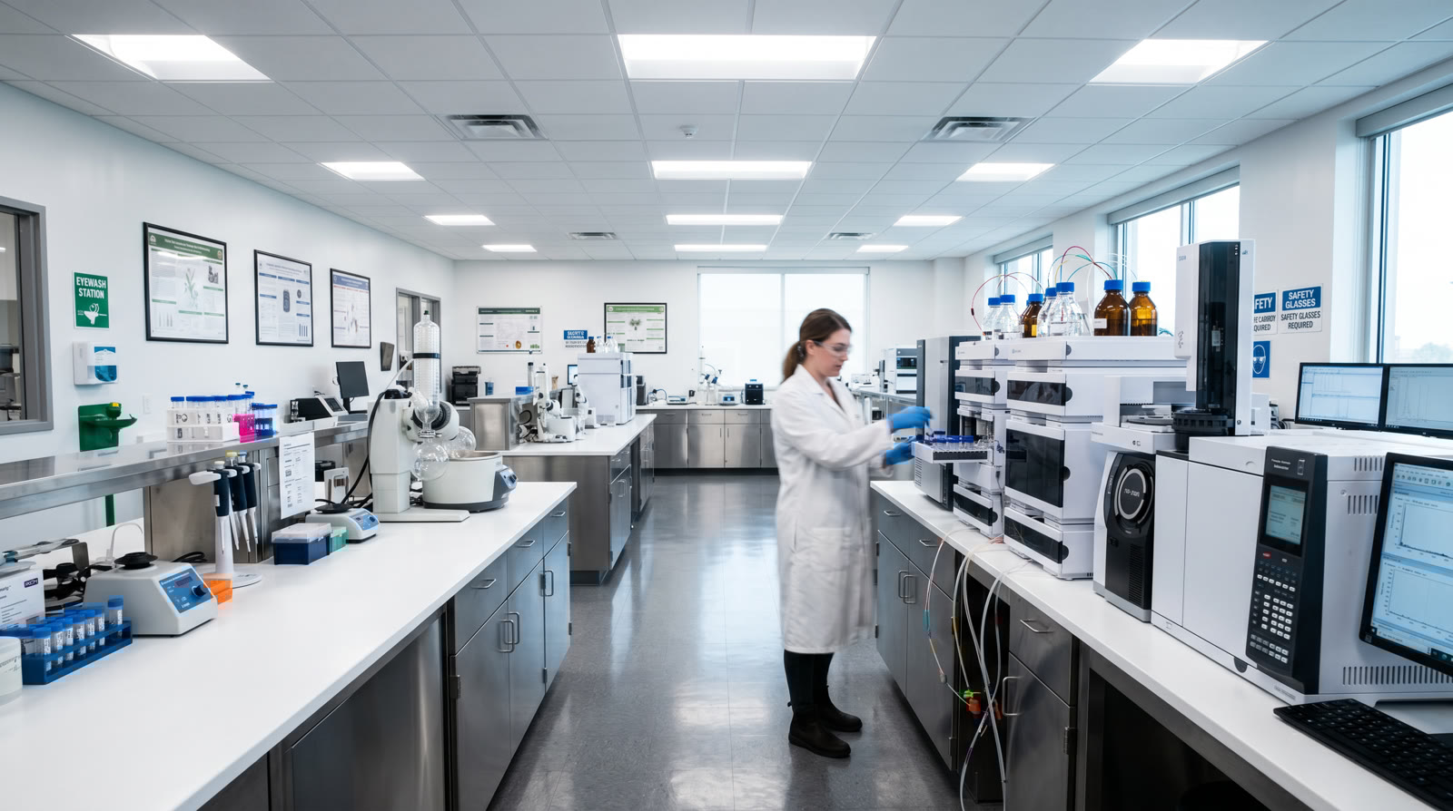 How to start a cannabis testing laboratory - interior view of a modern cannabis testing lab with HPLC and analytical instruments