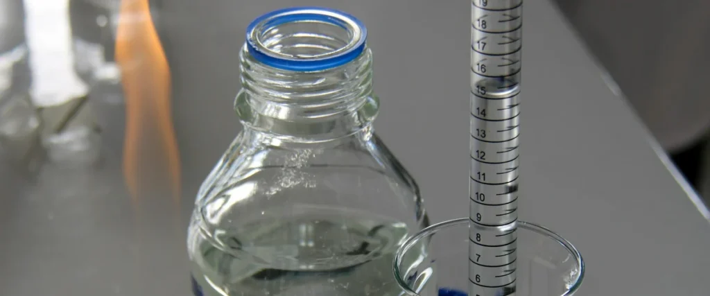 Lab glassware on a dark epoxy resin countertop with a Bunsen burner flame visible at left