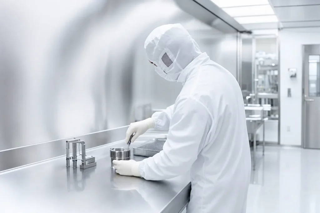 Gowned technician at stainless steel cleanroom workbench