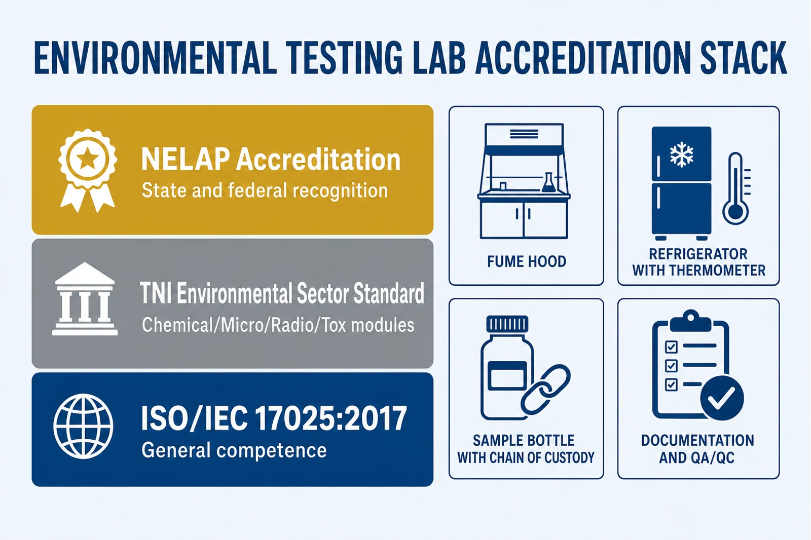 Environmental testing lab accreditation stack: ISO/IEC 17025, TNI Environmental Sector Standard, and NELAP