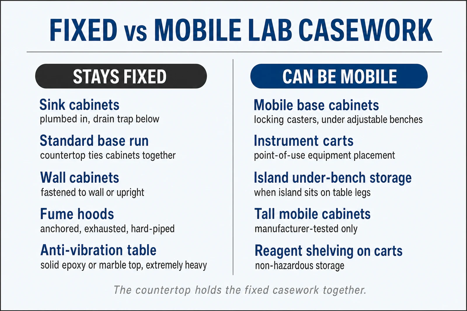 Decision matrix showing which laboratory cabinet types are fixed and which can be mobile, with the work surface highlighted as the element that anchors fixed runs