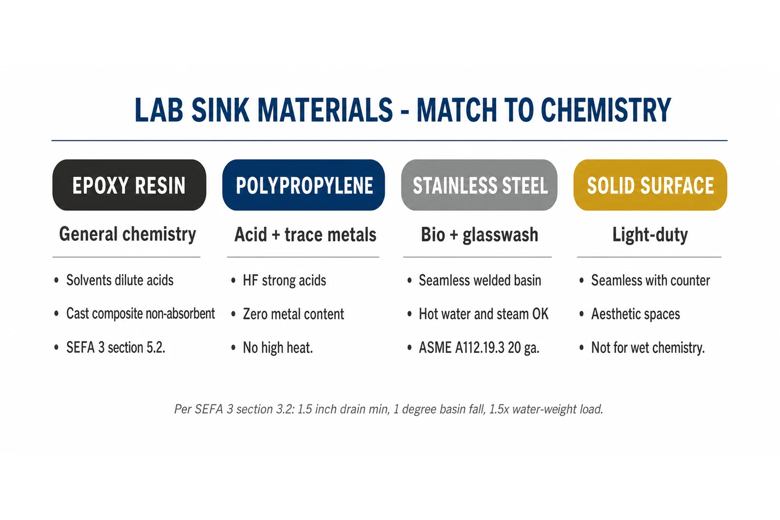 Comparison matrix of epoxy, polypropylene, solid surface, and stainless steel lab sinks