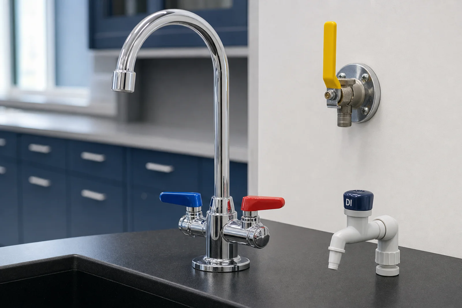 Goose-neck lab faucet with vacuum breaker, color-coded service handles, and remote-controlled valves