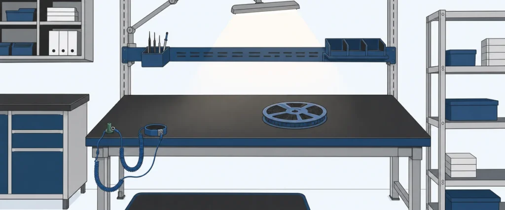 Editorial illustration of an ESD workbench with dissipative worksurface, coiled wrist strap, common-point ground lug, and ESD floor mat