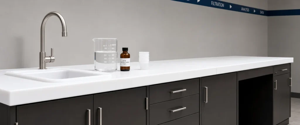 Laboratory workstation with white HDPE countertop, stainless faucet, and charcoal cabinets