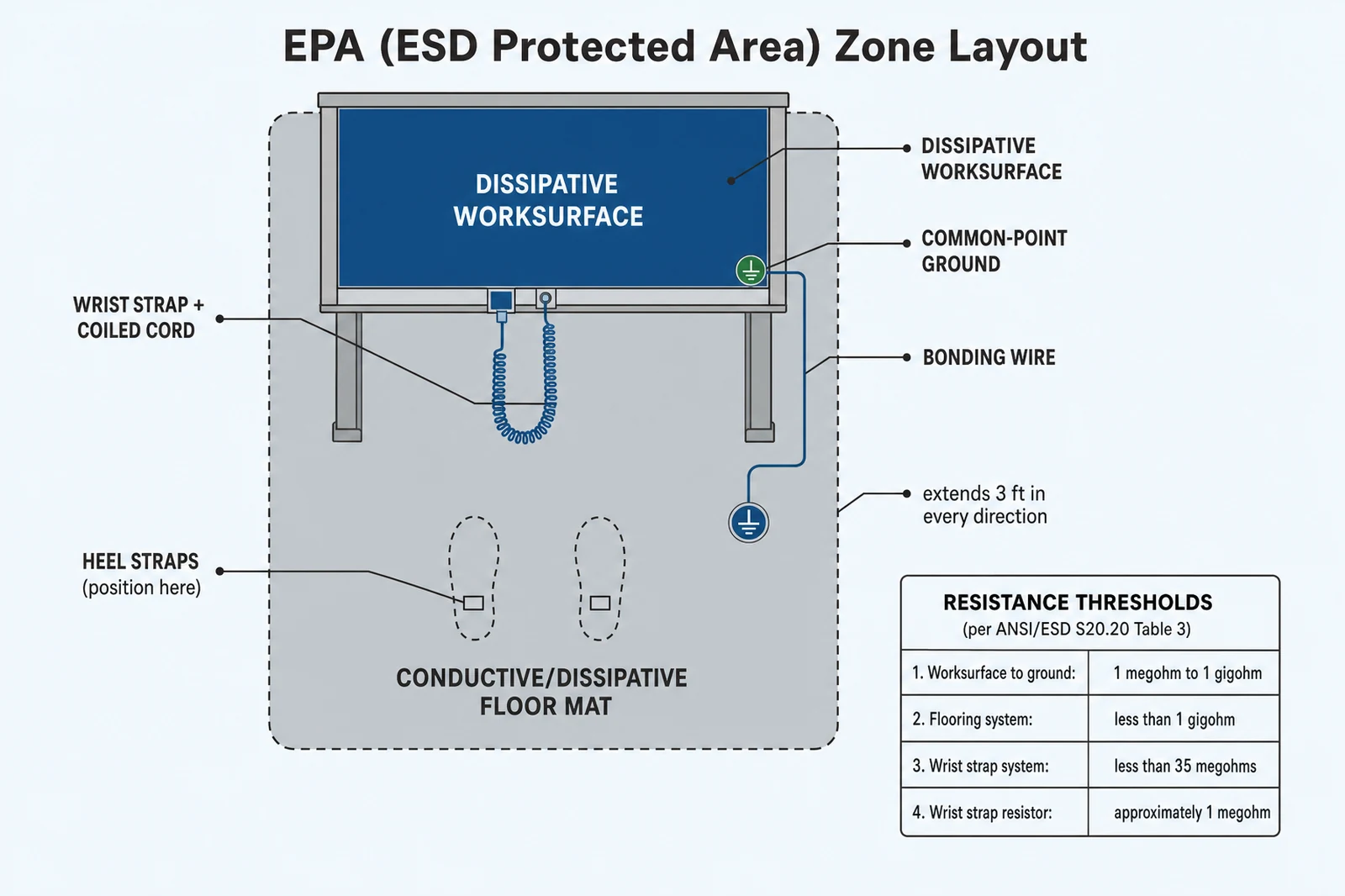 Infographic showing an EPA ESD Protected Area zone layout with dissipative worksurface, common-point ground, wrist strap, bonding wire, floor mat, and a resistance thresholds table citing ANSI/ESD S20.20 Table 3