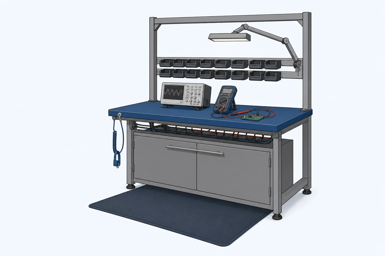 Editorial illustration of an ESD-safe electronics test bench with component storage bins, cable-management tray, task light, and base cabinet with concealed hinges