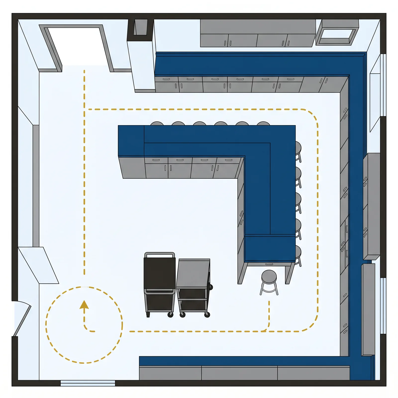 Overhead diagram of an academic teaching lab with a U-shaped peninsula bay, accessible route, 60-inch turning circle, and mobile ADA carts