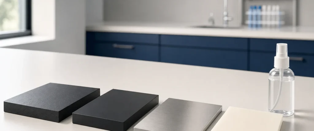 Four laboratory countertop material samples &mdash; phenolic resin, epoxy resin, 316 stainless steel, and polypropylene &mdash; on a clean lab bench with a spray bottle of disinfectant