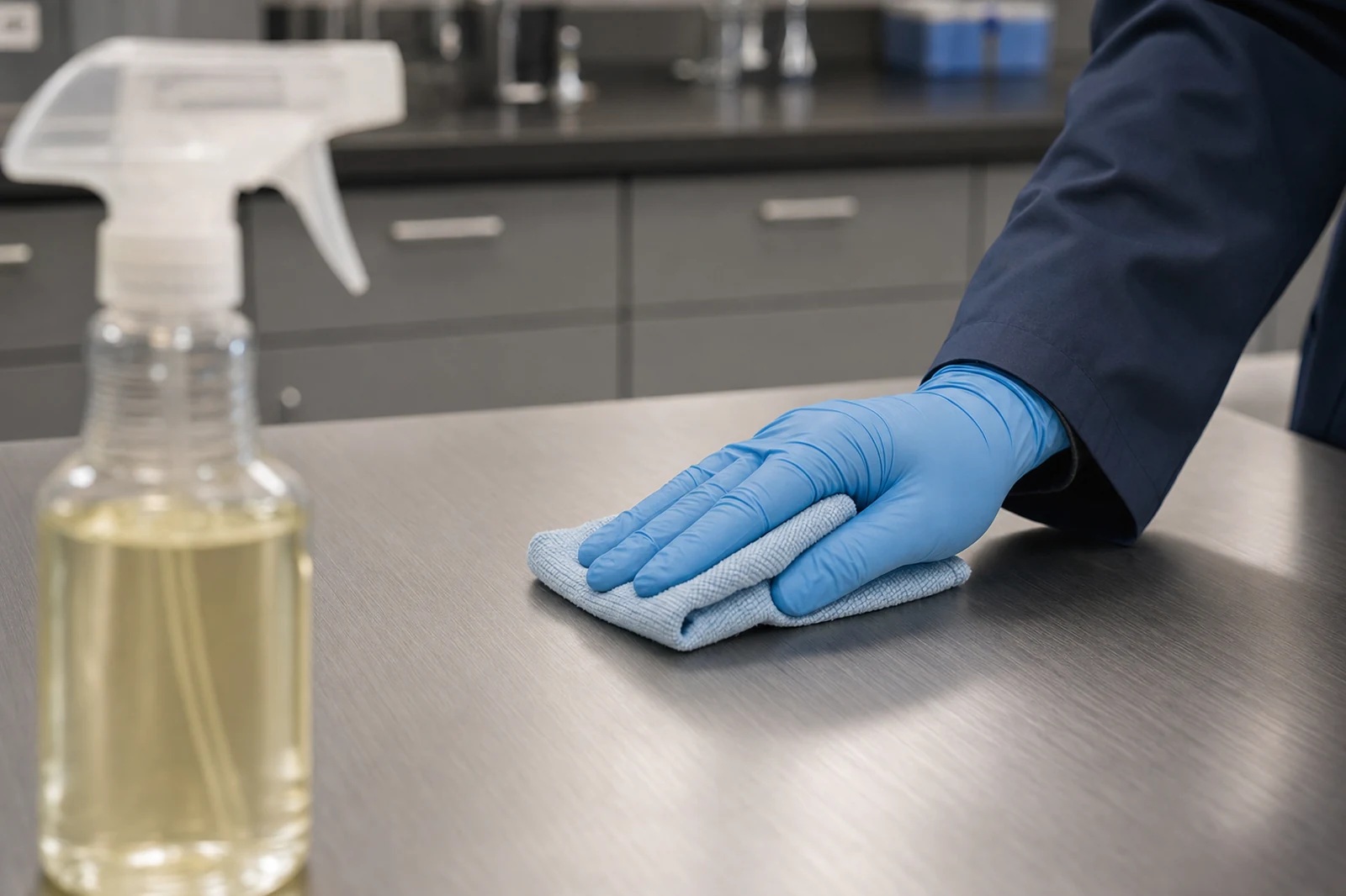 Gloved hand wiping a laboratory 316 stainless steel countertop with a microfiber cloth, disinfectant spray bottle in the foreground