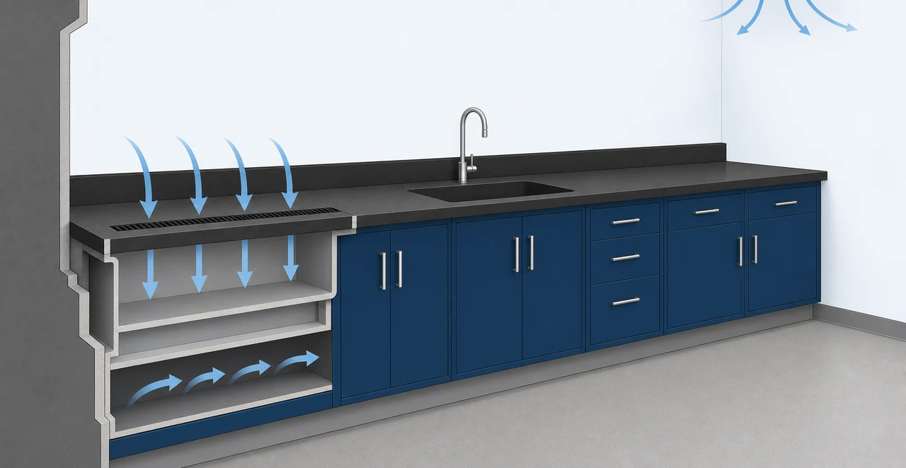 Histology lab design cross-section of a grossing station showing downdraft airflow arrows, wall-mounted supply diffuser, phenolic countertop, cove base, and chemical-resistant sink