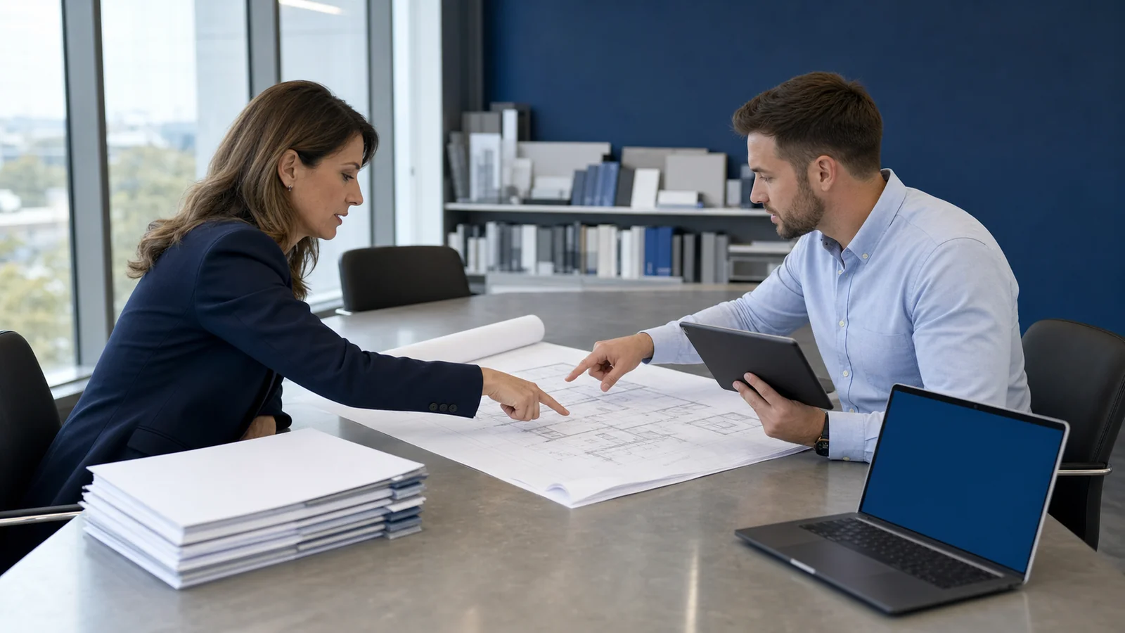 Procurement scene: a specifier reviewing an RFP alongside a manufacturer's estimator, comparing an ambiguous lab table vs lab bench line item to a clarified line item with the correct product family, dimensions, top material, and accessories called out.