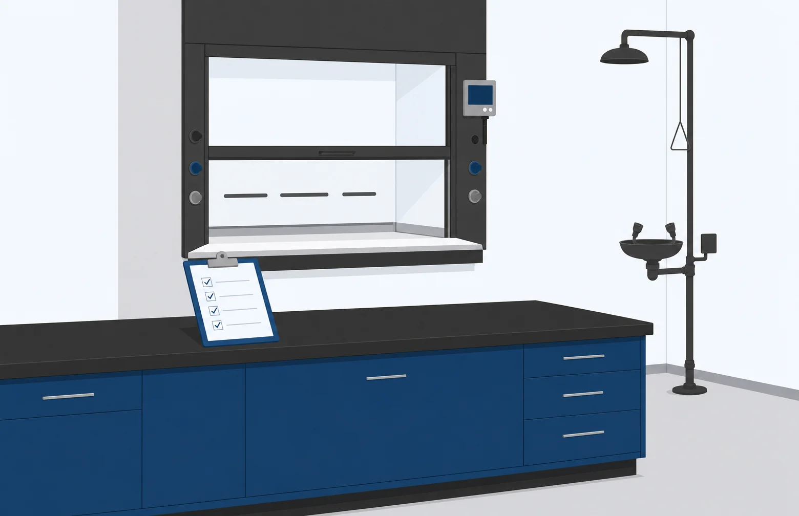 Lab renovation checklist final walk-through with commissioning documentation on a wood laboratory bench with concealed Euro hinges and slim brushed-steel pulls