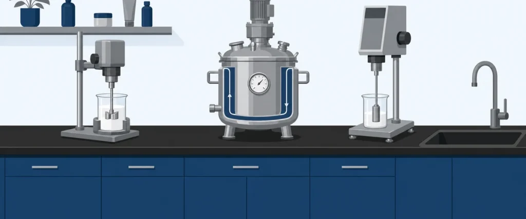 Personal care lab design formulation bench: high-shear rotor-stator mixer on the left, jacketed emulsion kettle in the center, rotational viscometer on the right, on a phenolic countertop with a drop-in epoxy sink and OnePointe Solutions navy casework