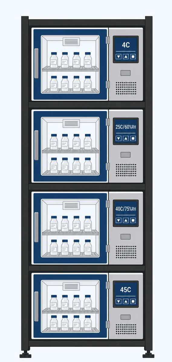 Personal care lab design stability chamber rack detail with four stacked chambers labeled 4C, 25C 60 percent RH, 40C 75 percent RH, and 45C, each holding sample bottles