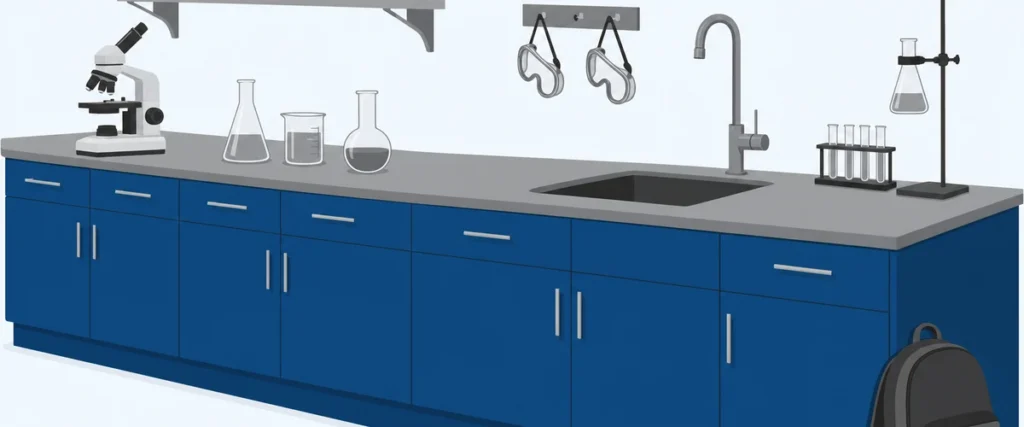 School science classroom bench run with durable navy base cabinets, warm gray phenolic countertops, a drop-in epoxy sink, a microscope and beakers on the bench, safety goggles on a rack, and a backpack propped against a base cabinet, showing classroom cabinets built for a 15-year service life