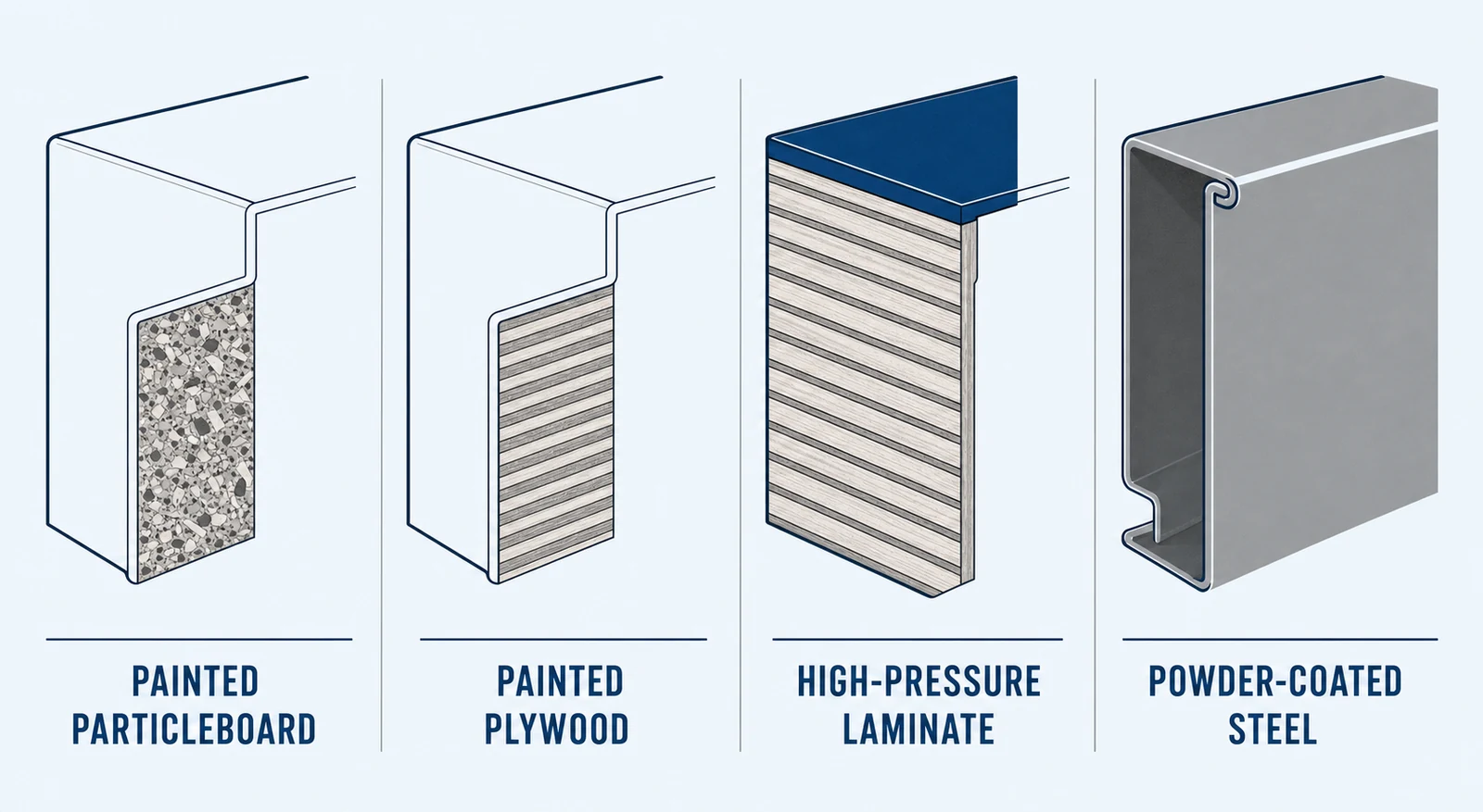Cross-section comparison of four cabinet material constructions for classroom cabinets: painted particleboard, painted plywood, high-pressure laminate over plywood, and powder-coated steel, with edge layers visible