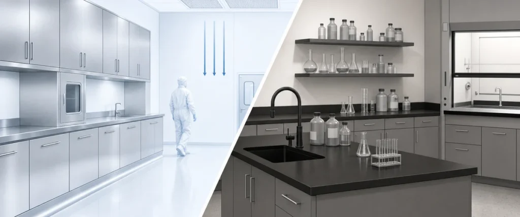 Cleanroom vs wet lab: stainless ISO cleanroom on one side, chemistry wet lab with epoxy bench and cup sink on the other